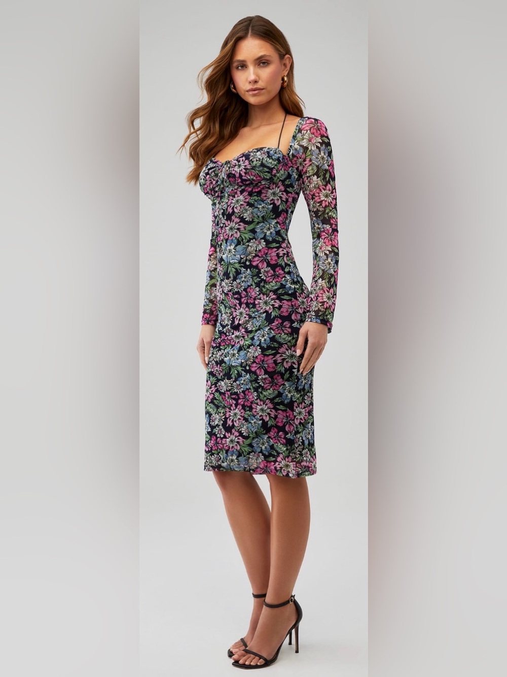 4SI3NNA Black Floral Long Sleeve Midi Dress with Pink & Blue Blooms